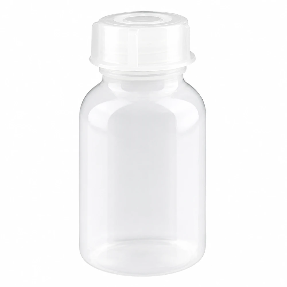 Przezroczysta butelka laboratoryjna o szerokiej szyjce, pojemność 100 ml, z białą plastikową zakrętką
