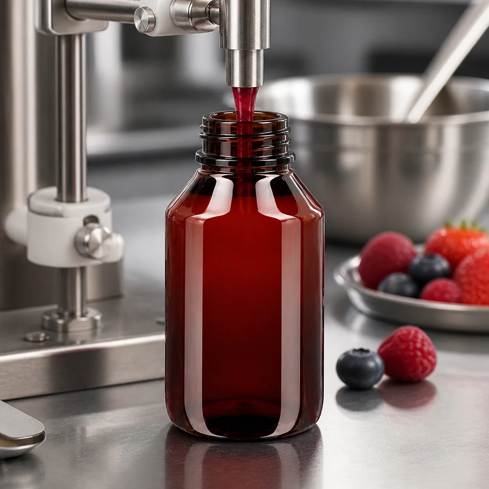 Butelka PET 50 ml z czarną nakrętką OV Industrielle Abfüllanlage befüllt bernsteinfarbene 50ml PET Flasche mit Beerensaft