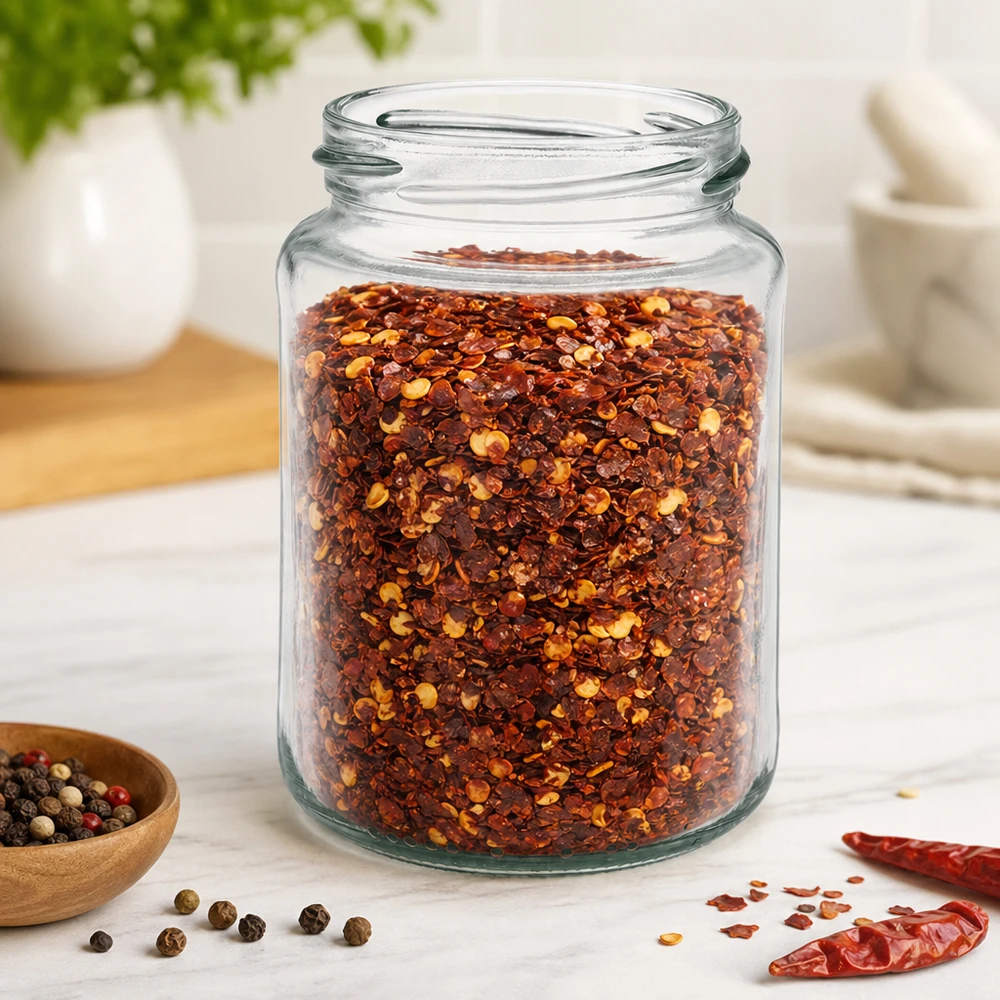 UNiTWIST Runda382 - Okrągły słoik o pojemności 382ml TO66 UNiTWIST Runda382 okrągła szklanka 382ml TO66 wypełniona mieszanką przypraw chili w jasnej kuchni na marmurowym stole