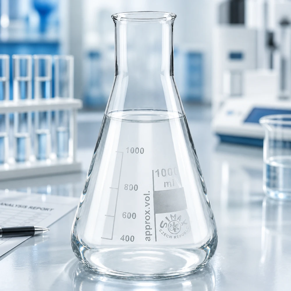 Kolba Erlenmeyera z szeroką szyjką o pojemności 200 ml i skalowaniem do 200 ml do dokładnego określania objętości