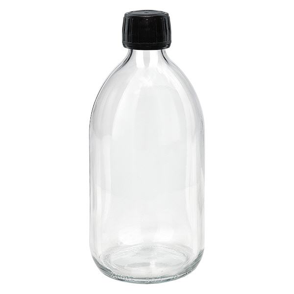 Butelka na lek 500 ml przezroczysta, czarna zakrętka z pierścieniem zabezpieczającym ApoGlas. Farmaceutyczna jakość produkcji UE. Gwint 28 mm (PP28). (syrop, butelka z lekkiego szkła) Butelka na lek 500 ml przezroczysta, czarna zakrętka z pierścieniem zabezpieczającym ApoGlas. Farmaceutyczna jakość produkcji UE. Gwint 28 mm (PP28). (syrop, butelka z lekkiego szkła)