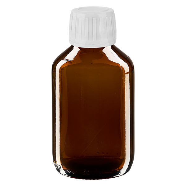 Butelka medyczna Euro 150 ml, brązowa PP28, z białym zakrętką Butelka medyczna Euro 150 ml, brązowa PP28, z białym zakrętką