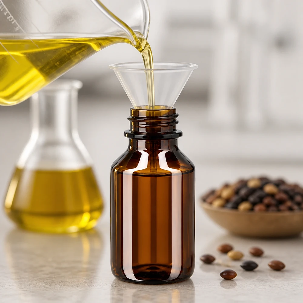 Butelka PET 50 ml z niebieską nakrętką OV Butelka PET o pojemności 50 ml w kolorze bursztynowym z niebieską nakrętką podczas napełniania żółtym olejem za pomocą lejka