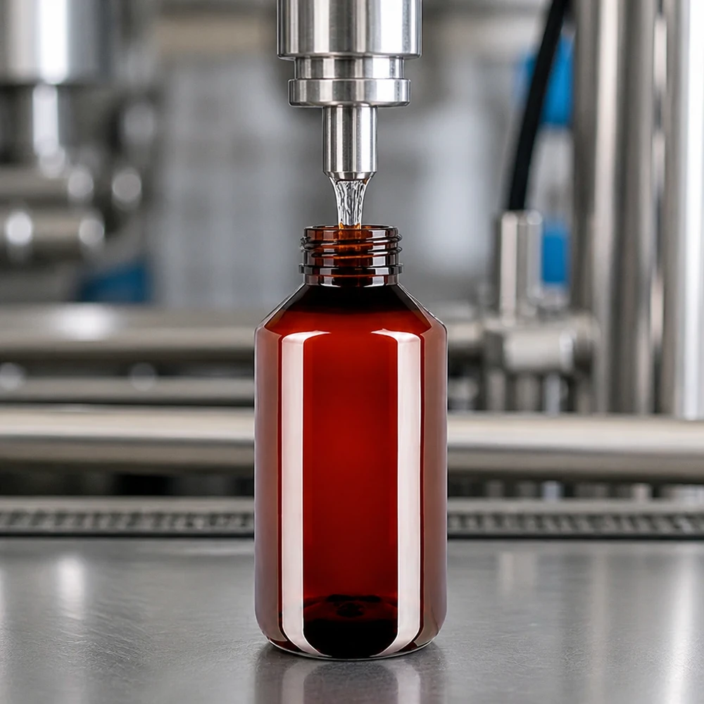 Przemysłowe napełnianie brązowej butelki PET o pojemności 750 ml z nakrętką z rozpylaczem na taśmie przenośnikowej