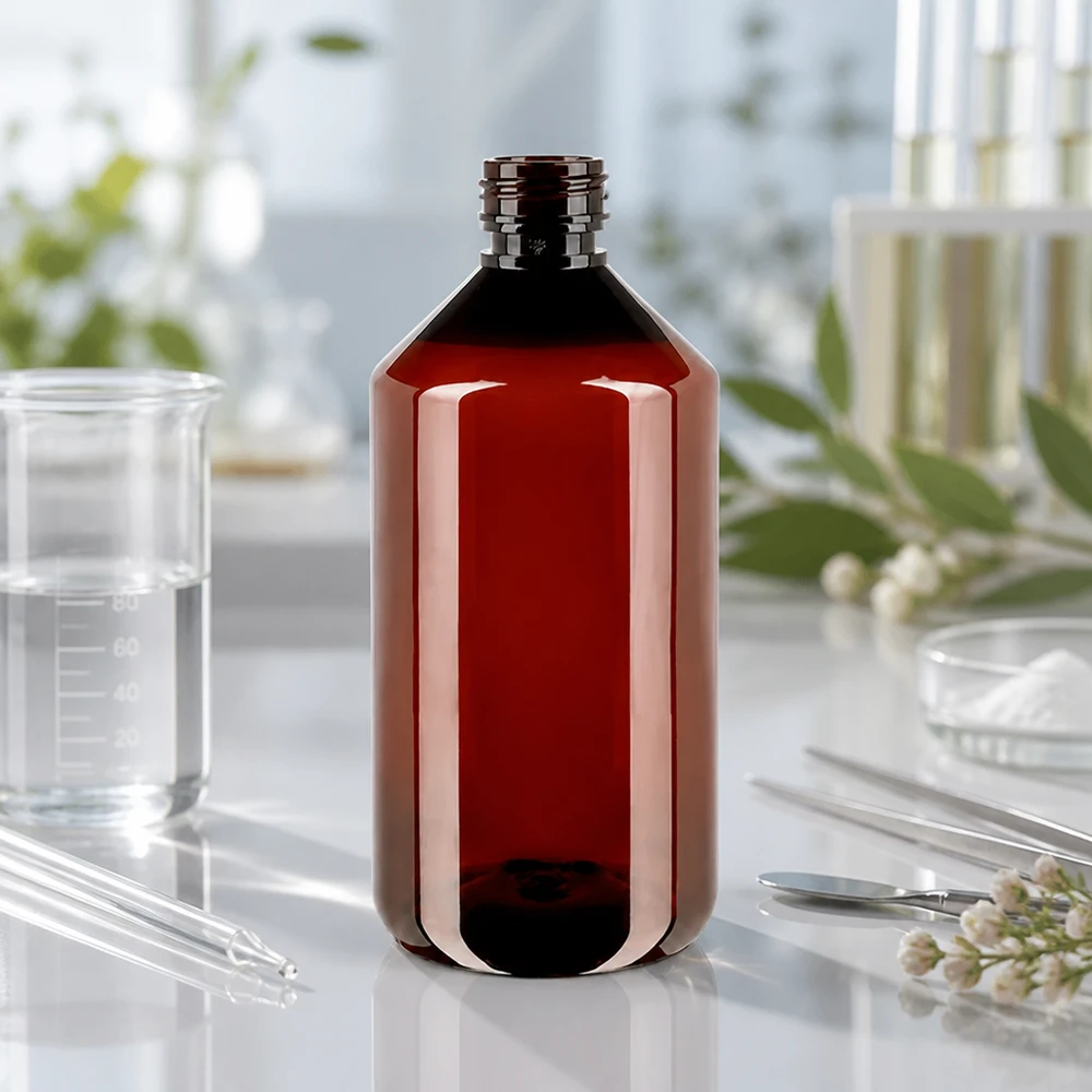 Butelka PET 750 ml z brązową nakrętką Standard Cylindryczna, brązowa butelka PET o pojemności 750 ml z zakrętką na białym blacie laboratoryjnym