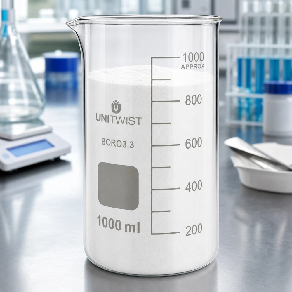 Szklanka UNITWIST o pojemności 1000 ml, wysoka, z borokrzemianu, wypełniona białym proszkiem w laboratorium