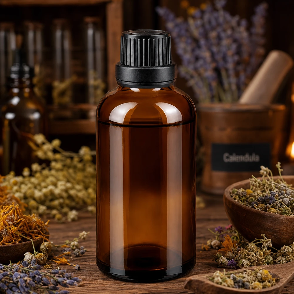 Butelka apteczna brązowa 50ml zakrętka czarna szczelna OV Brązowa szklana butelka o pojemności 50 ml z czarnym zamknięciem zabezpieczającym, zawierająca suszone zioła lecznicze i nagietek