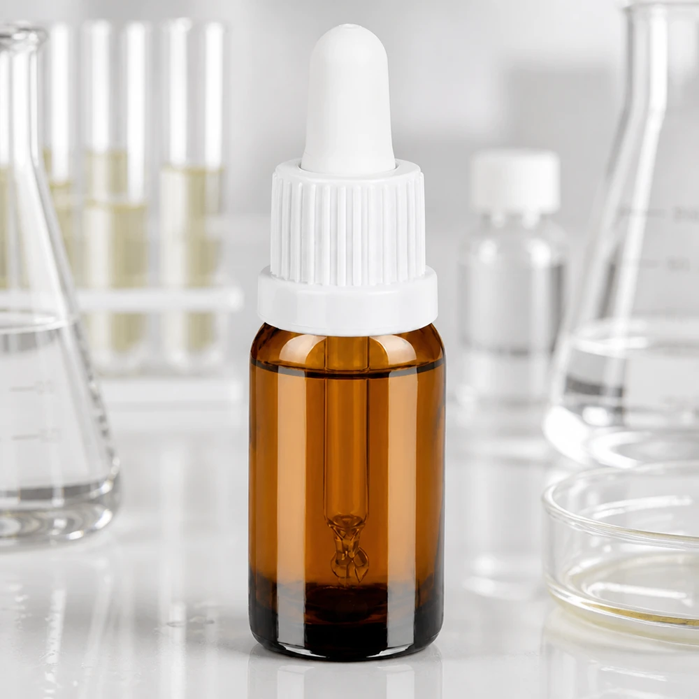 Butelka na pipetę o pojemności 10 ml wykonana z bursztynowego szkła chroniącego przed promieniowaniem UV z białą pipetą do bezpiecznego przechowywania