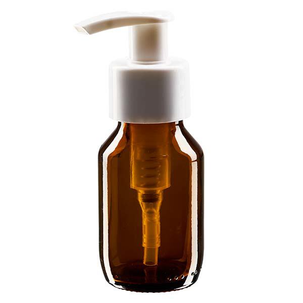 Butelka na lek 50 ml br&#261;zowa, z pompk&#261; dozuj&#261;c&#261; bia&#322;&#261; ApoGlas. Farmaceutyczna jako&#347;&#263; produkcji UE. Gwint 28 mm (PP28). (syrop, butelka z lekkiego szk&#322;a)