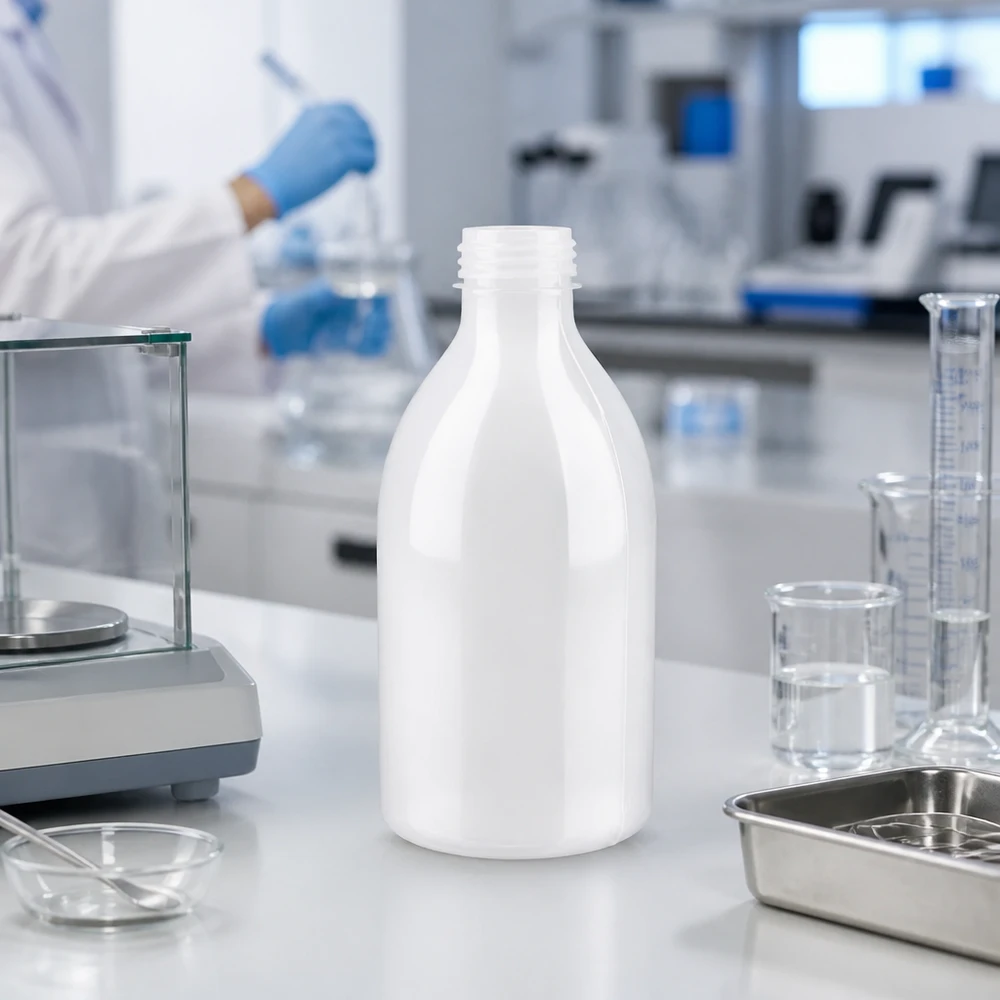 Biała butelka laboratoryjna o wąskiej szyjce o pojemności 250 ml bez nakrętki, stojąca na wadze laboratoryjnej obok zlewki i cylindra miarowego