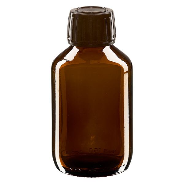 Butelka na lek 150 ml br&#261;zowa, zakr&#281;tka br&#261;zowa z pier&#347;cieniem zabezpieczaj&#261;cym ApoGlas. Farmaceutyczna jako&#347;&#263; produkcji UE. Gwint 28 mm (PP28). (syrop, butelka z lekkiego szk&#322;a)