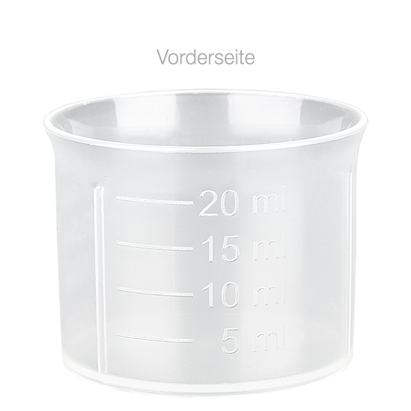 Przezroczysty kubek dozuj&#261;cy 20 ml ze skal&#261; ApoGlas. Jako&#347;&#263; farmaceutyczna. Gwint 28 mm. Np. do butelek na leki ApoGlas&#174; Euro.