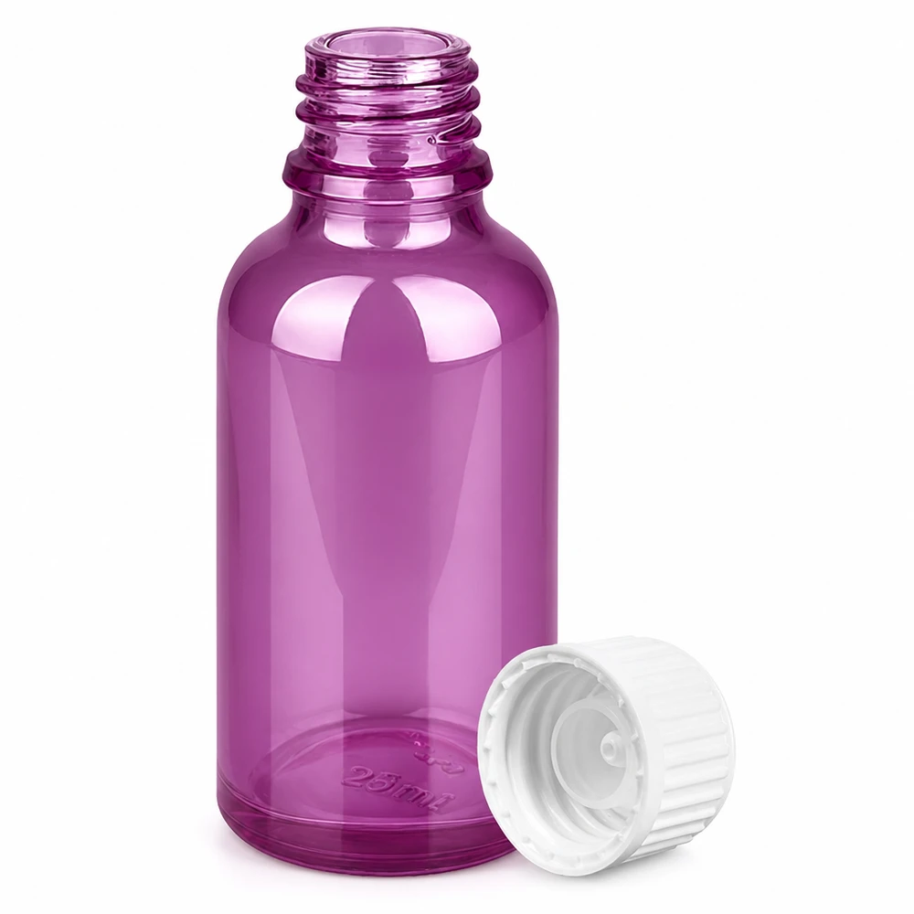 Butelka o pojemności 30 ml. Pierścień do nalewania 3 mm, biały Standard PurpleLine. UT18/30 Fioletowa szklana butelka 30 ml z białą nakrętką - idealna do kosmetyków i aromaterapii