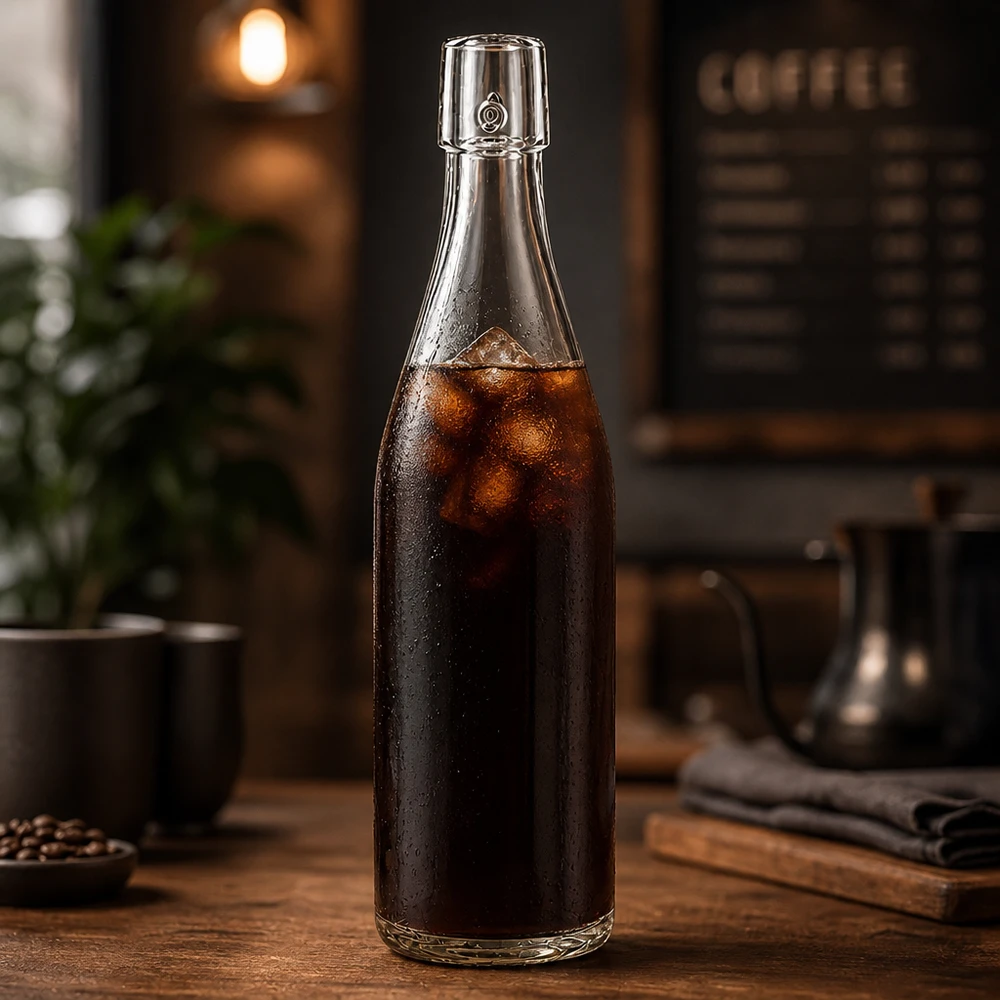 Butelka szklana 500 ml bez zamknięcia typu UNiTWIST 500ml UNiTWIST Glasflasche mit Cold Brew Kaffee befüllt und Eiswürfeln in stylischer Café-Atmosphäre