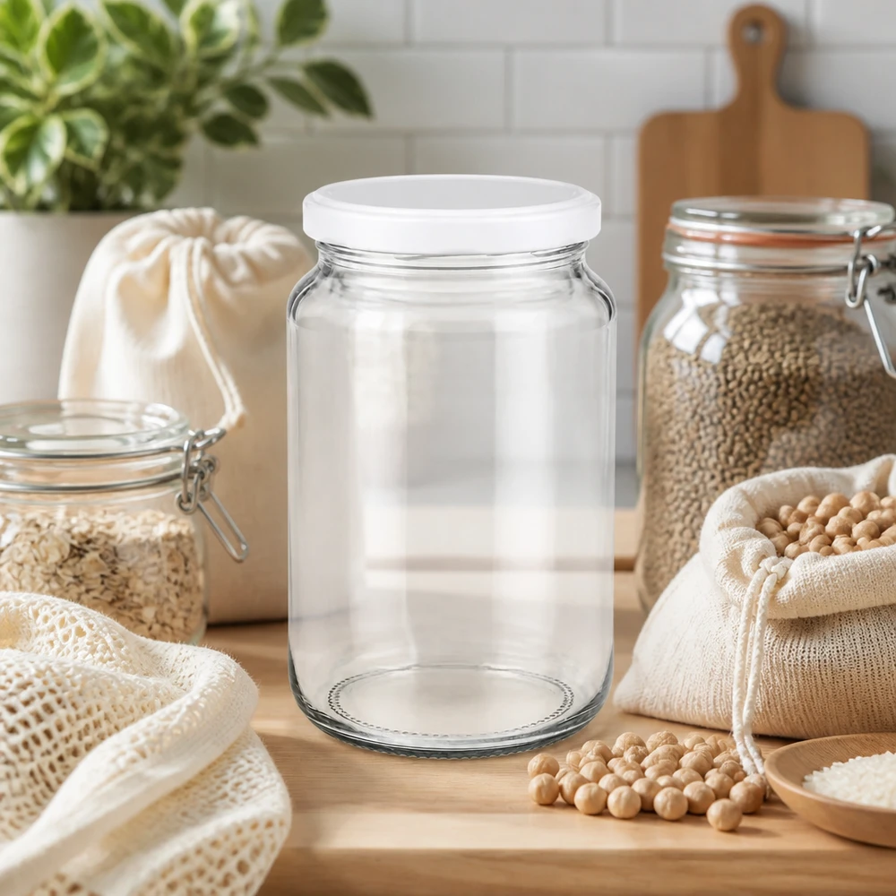 382 ml okrągłe szkło z pokrywką BasicSeal biała UNiTWIST 382ml UNiTWIST Rundglas mit weißem BasicSeal Deckel in nachhaltiger Zero-Waste Küche mit Hülsenfrüchten und Stoffbeuteln
