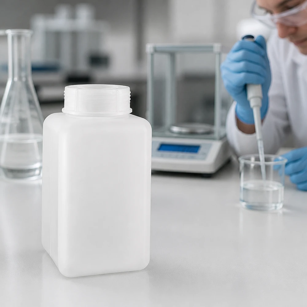 Butelka na chemikalia 1000 ml, szeroka szyjka z PE-HD, kolor naturalny Prostokątna butelka na chemikalia z PE-HD o pojemności 1000 ml, z szeroką szyjką, w kolorze naturalnym na białym tle laboratoryjnym