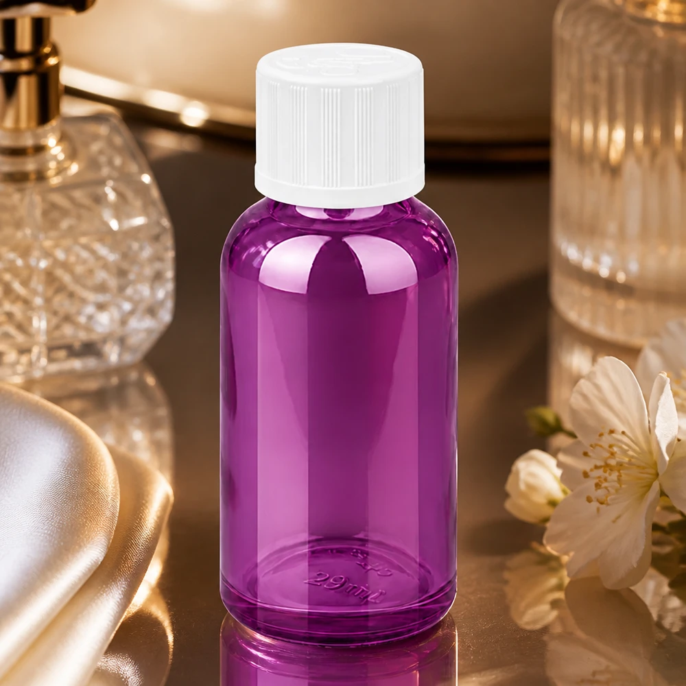 Butelka z zakraplaczem 30 ml 1,2 mm biała, standardowo zabezpieczona przed dziećmi PurpleLine.UT18/30 Wysokiej jakości butelka z zakraplaczem o pojemności 30 ml z precyzyjnym otworem 1,2 mm i eleganckim fioletowym wykończeniem.
