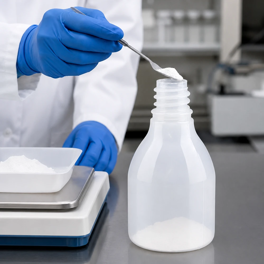 Butelka laboratoryjna 30 ml z wąską szyjką bez zakrętki 30 ml plastikowa butelka laboratoryjna z wąską szyjką, bez nakrętki, podczas napełniania białym proszkiem