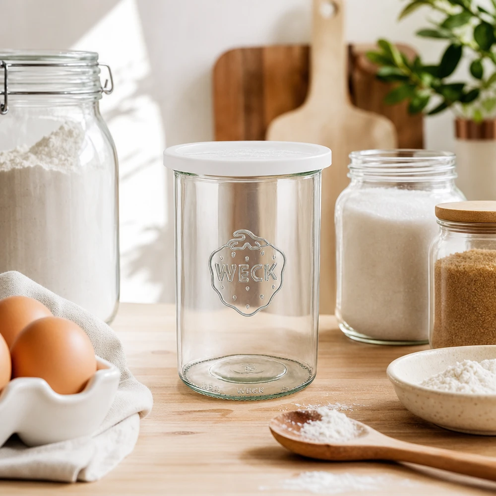 WECK bębnowy słoik 1000ml RR100 pusty słoik konserwujący ze świeżą pokrywką między mąką jajkami a przyborami kuchennymi pokazuje akcesoria do pieczenia