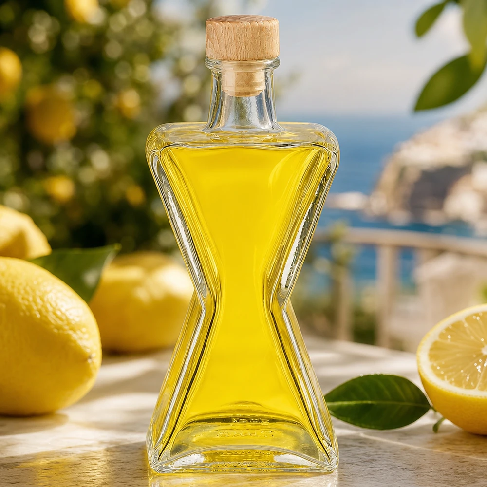 Szklana butelka 200 ml Star z drewnianym korkiem UNiTWIST® 200 ml szklana butelka Star wypełniona żółtym olejem obok cytryn - drewniany korek UNiTWIST do limoncello i napojów spirytusowych