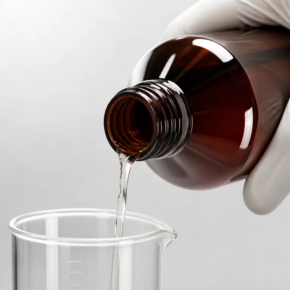 Butelka PET 1000ml z atomizerem czarna Przezroczysty płyn przelewa się z bursztynowej butelki PET o pojemności 1000 ml do zlewki laboratoryjnej