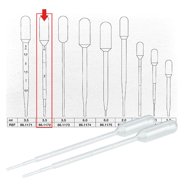 Pipeta transferowa, objętość nominalna: 3,5 ml, (dł. x szer.): 156 x 12,5 mm, materiał: LD-PE, przezroczysta, wielkość kropli: 30 µl - 45 µl, podziałka wstrzykiwania do 1 ml, 500 sztuk/karton Pipeta transferowa, objętość nominalna: 3,5 ml, (dł. x szer.): 156 x 12,5 mm, materiał: LD-PE, przezroczysta, wielkość kropli: 30 µl - 45 µl, podziałka wstrzykiwania do 1 ml, 500 sztuk/karton