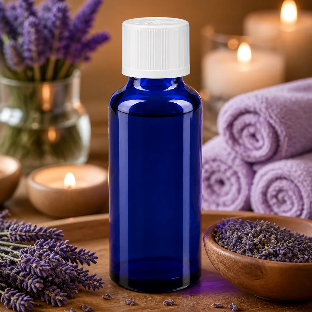 Butelka apteczna niebieska 30ml zakrętka biała KiSi St Niebieska szklana butelka o pojemności 30 ml z białą nakrętką zabezpieczającą przed dziećmi na tle kwiatów lawendy i świec
