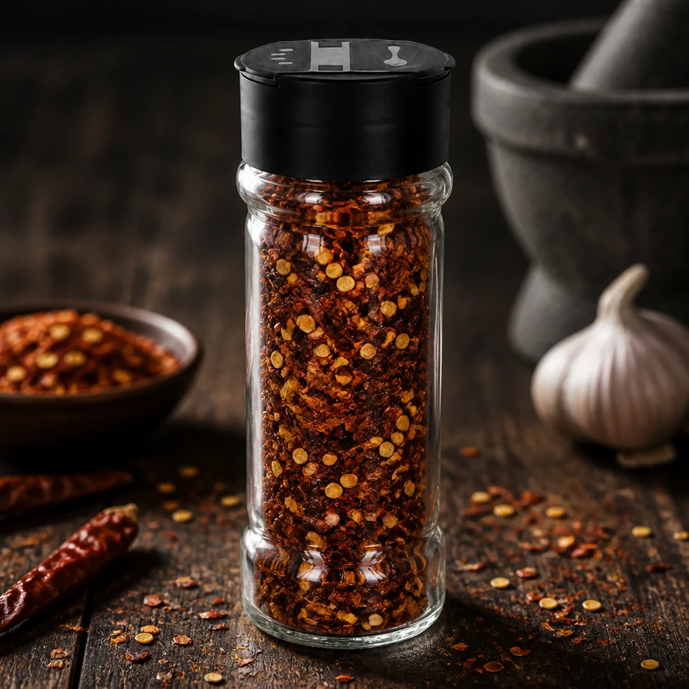 Przezroczysty szklany słoik o pojemności 100 ml wypełniony płatkami chili, z czarną pokrywką z podwójnym dozownikiem
