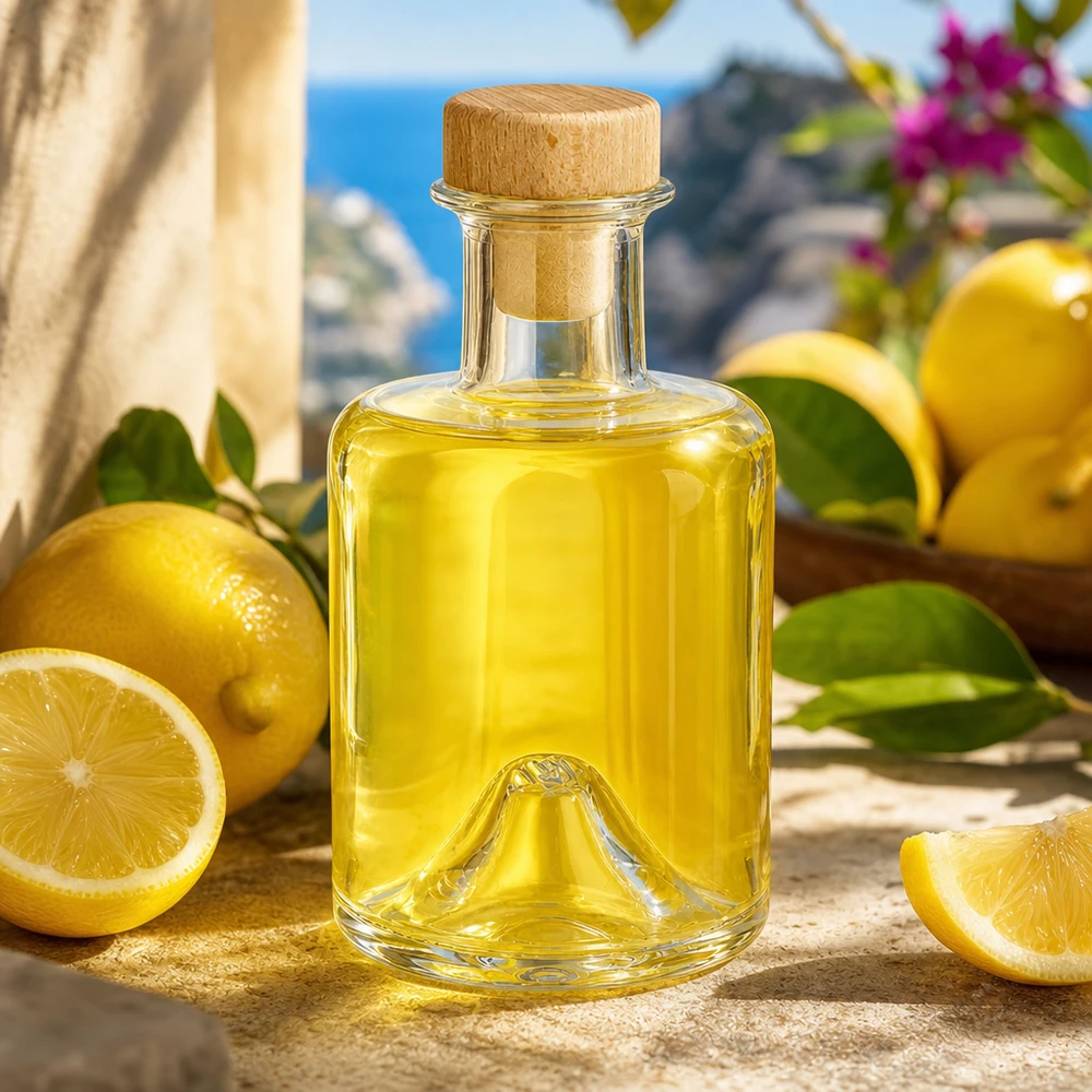 200ml Glasflasche Sofia mit Holzkorken gefüllt mit Zitronenöl in mediterraner Küche mit frischen Zitronen