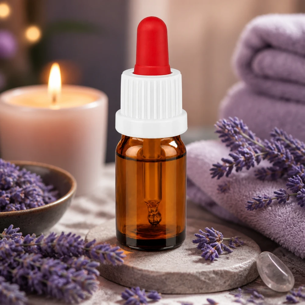Wysokiej jakości butelka z pipetą o pojemności 5 ml wykonana z bursztynowego szkła chroniącego przed promieniowaniem UV z ergonomiczną biało-czerwoną nasadką