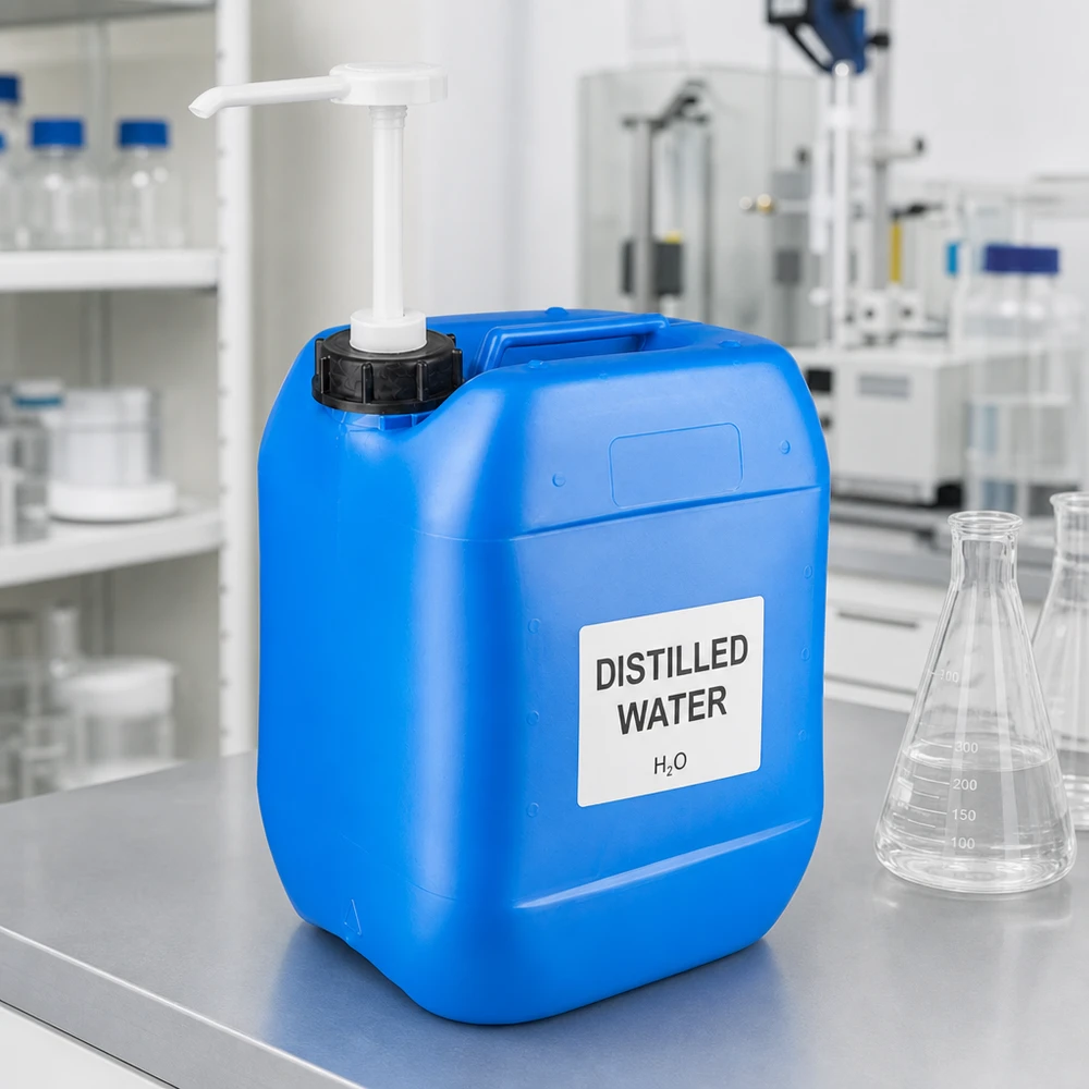 Niebieski kanister laboratoryjny o pojemności 10 l z pompą dozującą, napełniony wodą destylowaną, stojący na stole ze stali nierdzewnej