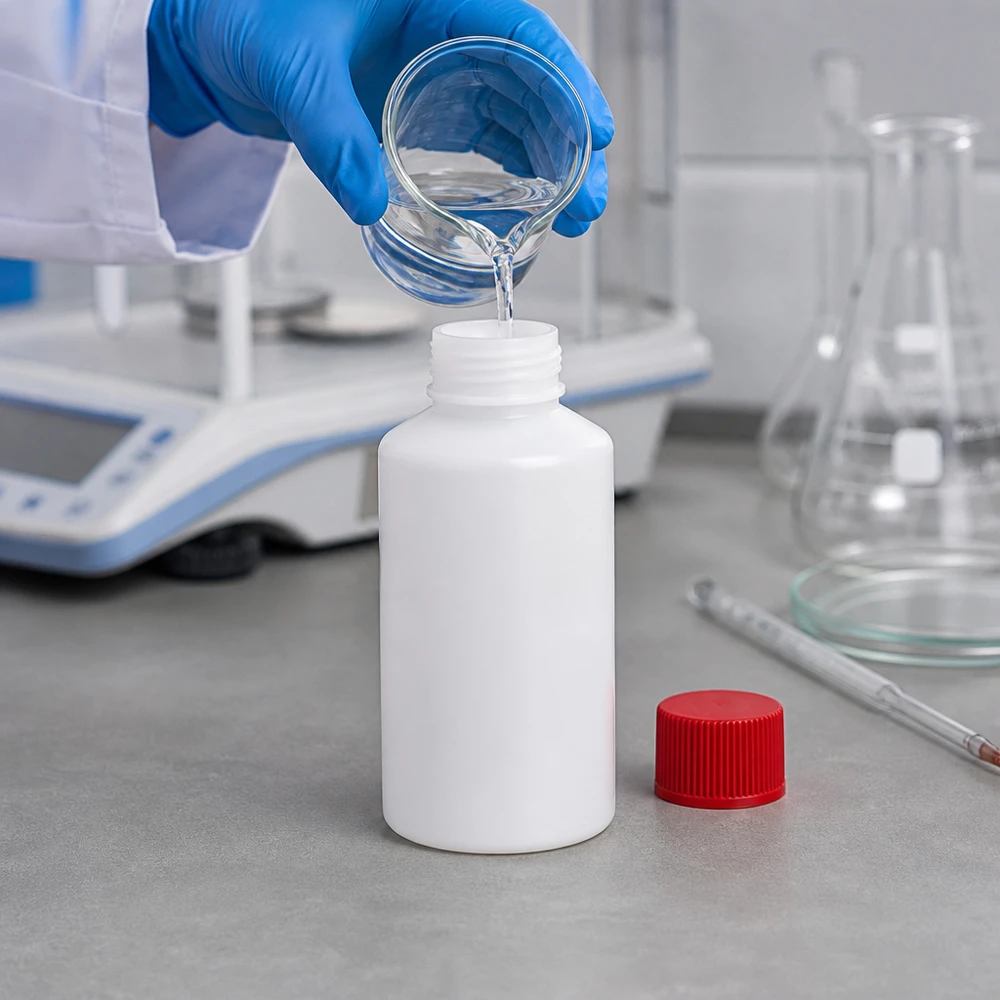 Okrągły pojemnik z tworzywa HDPE o pojemności 50 ml, w kolorze białym, z czerwonym zamknięciem zabezpieczającym przed dziećmi, przeznaczony do zastosowań laboratoryjnych