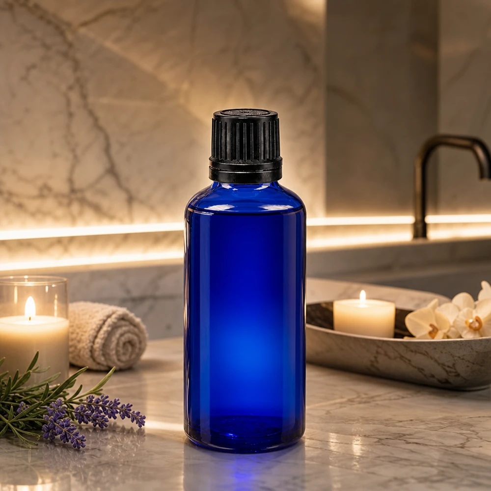 Niebieska butelka z filtrem światła o pojemności 50 ml z czarnym zakraplaczem w stylowej atmosferze spa