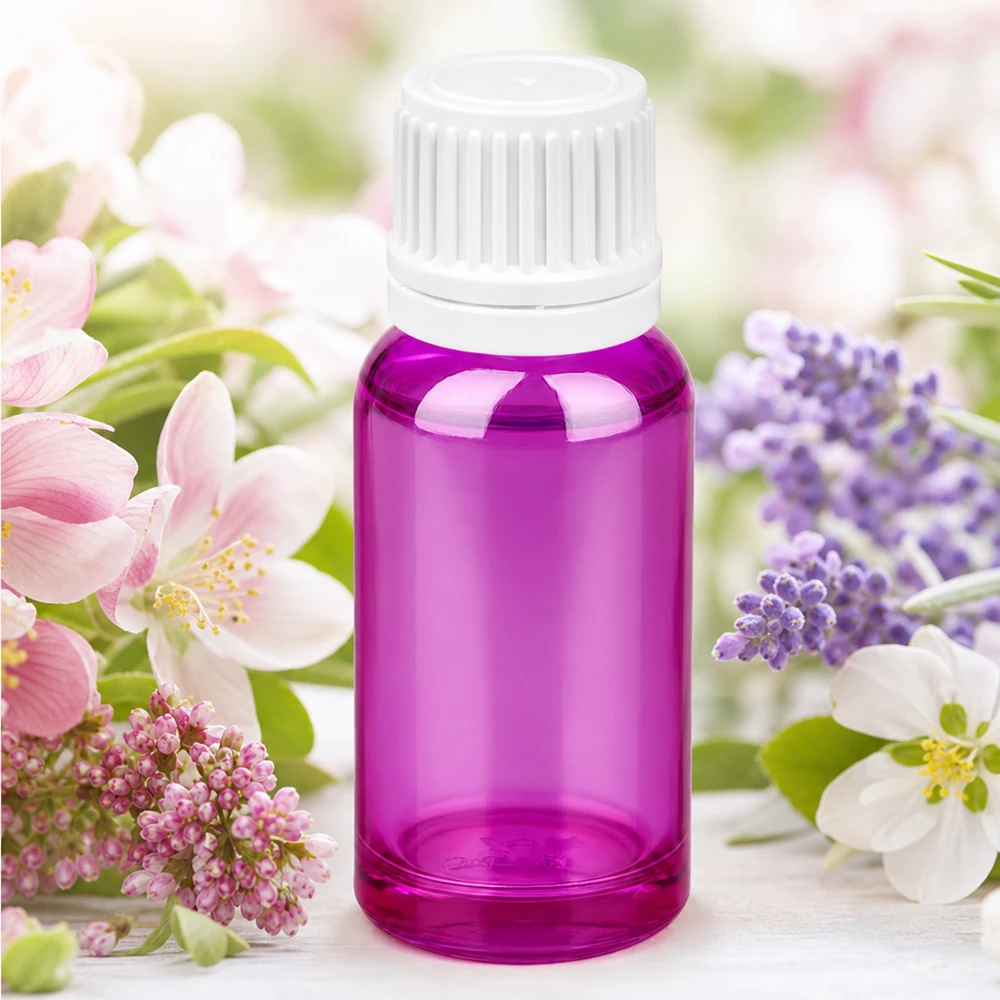 Elegancka fioletowa szklana butelka o pojemności 20 ml z białą zakrętką SV do wysokiej jakości esencji i ekstraktów.