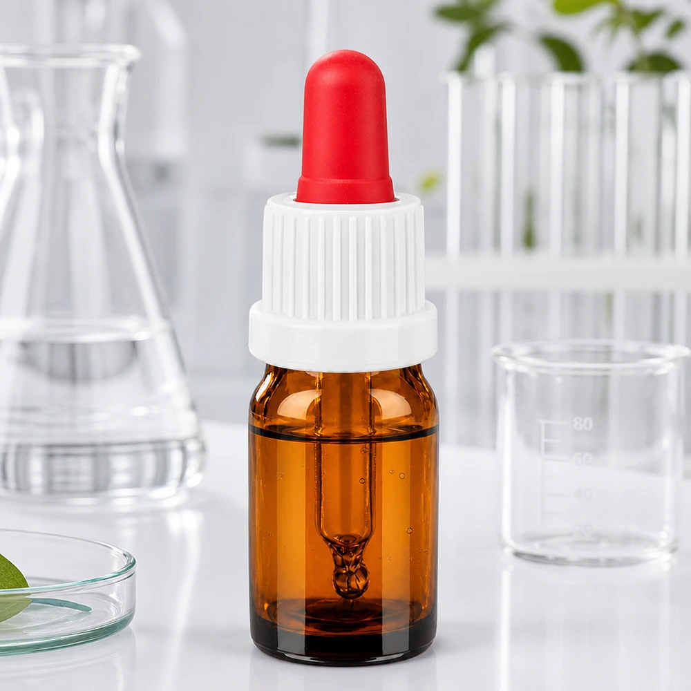 Profesjonalna butelka laboratoryjna o pojemności 5 ml wykonana ze szkła chroniącego przed promieniowaniem UV z pipetą z zakraplaczem do zastosowań naukowych