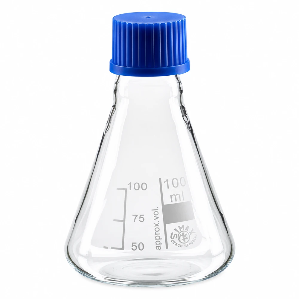 Kolba Erlenmeyera 100 ml z zakrętką Kolba Erlenmeyera 100 ml wykonana ze szkła z niebieską zakrętką do zastosowań laboratoryjnych