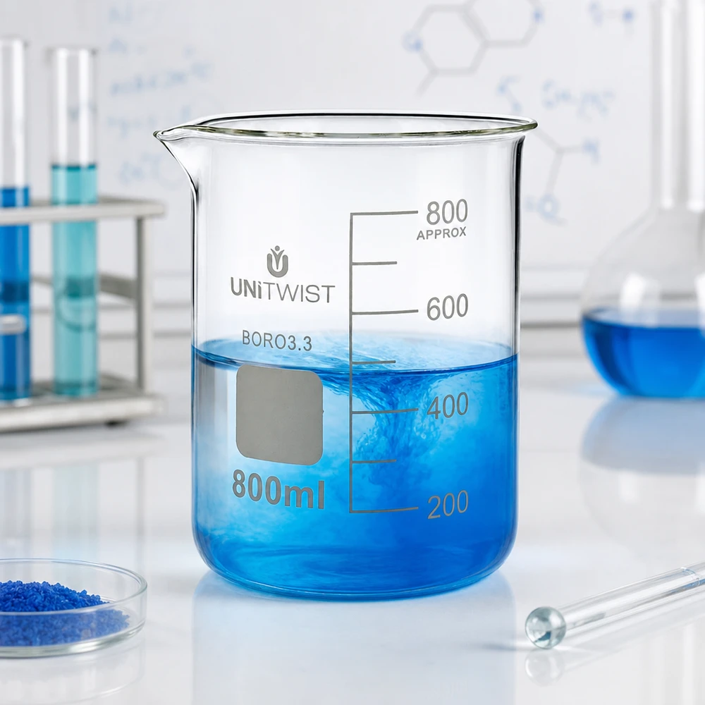 Zdjęcie laboratoryjne: zlewka UNiTWIST o pojemności 800 ml, szkło borokrzemowe 3.3, niski profil, z niebieskim roztworem