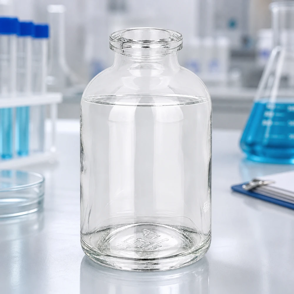 Butelka iniekcyjna z przezroczystego szkła 50 ml Kompakte Injektionsflasche 50ml Klarglas mit charakteristischer Schulterform und Enghals