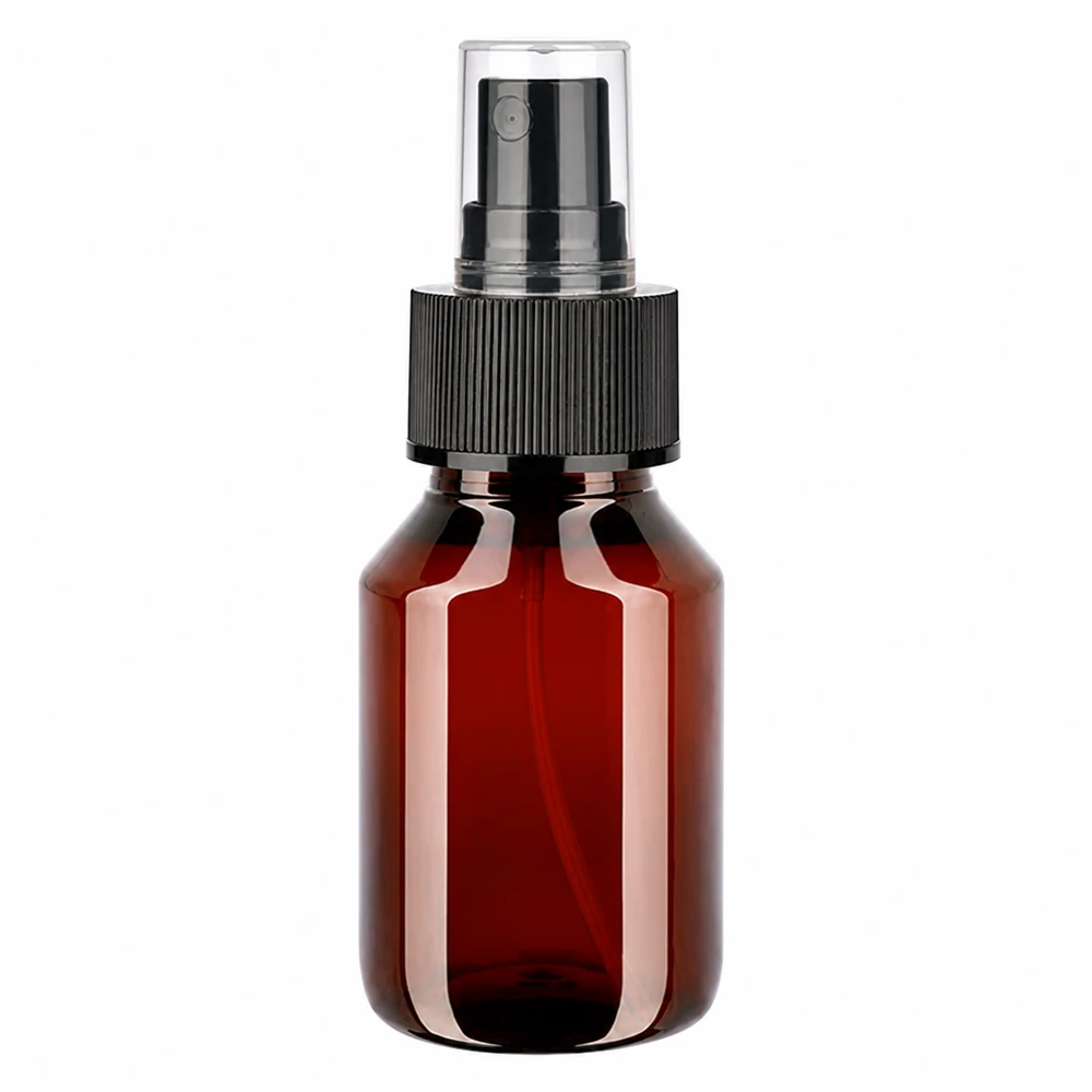 UV-schützende braune PET Sprühflasche 50ml mit schwarzem Zerstäuber Pumpkopf