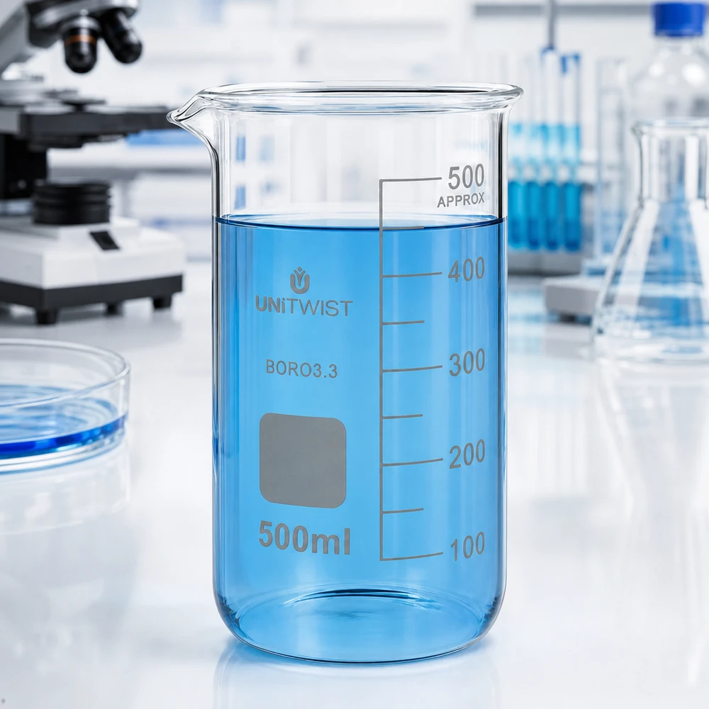 Zlewka 500ml borokrzemianowa, wysoka UNITWIST Szklanka UNITWIST o pojemności 500 ml, wysoka, z niebieską cieczą na białym blacie laboratoryjnym