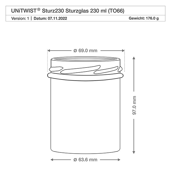 UNiTWIST Sturz230 - kubki o pojemności 230ml TO66 UNITWIST Sturz230 kubek termiczny 230ml TO66 rysunek techniczny wymiary 69mm średnica 97mm wysokość waga 176g