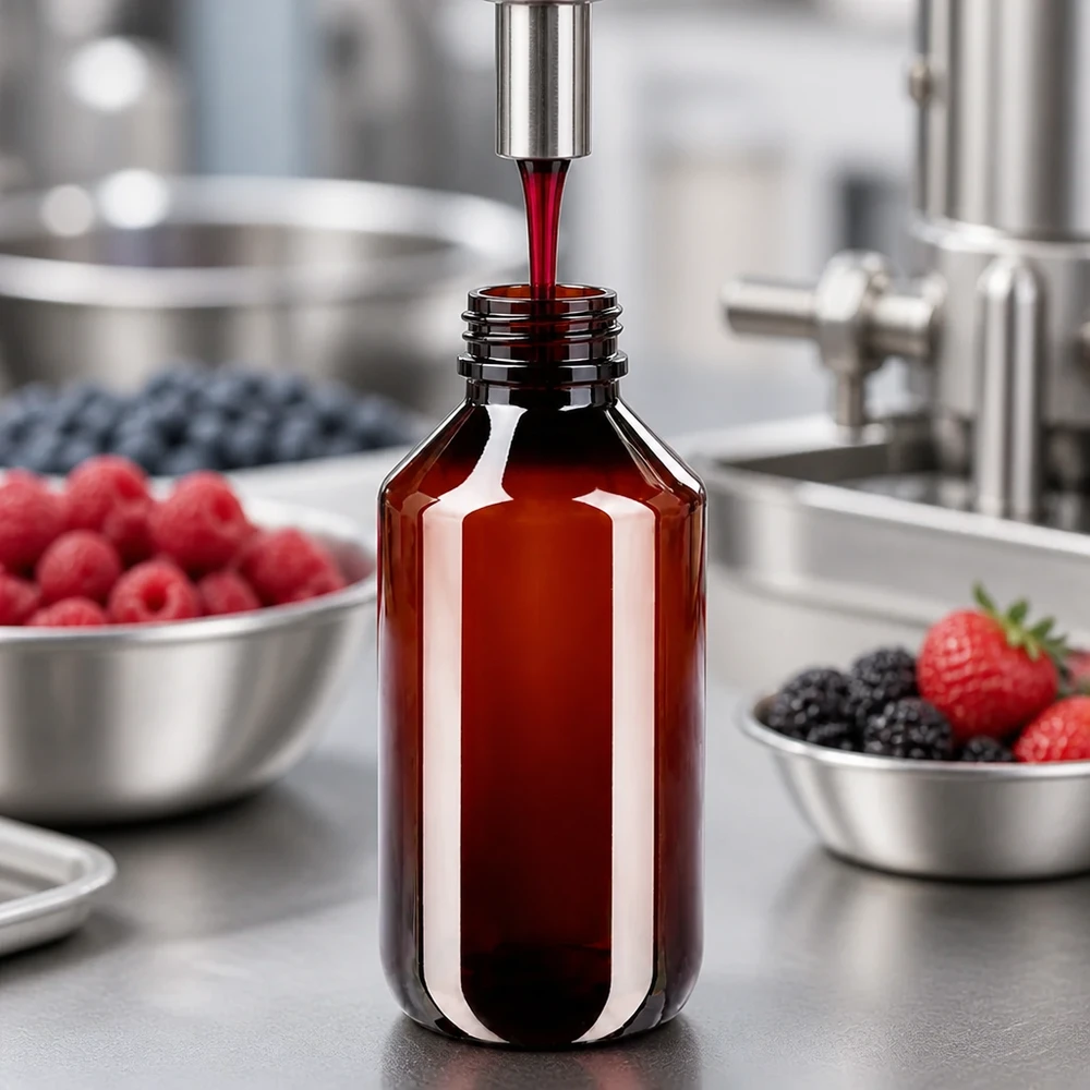 Butelka PET 200 ml z białym standardem OV Brązowa butelka PET o pojemności 200 ml podczas maszynowego napełniania ekstraktem z czerwonych jagód