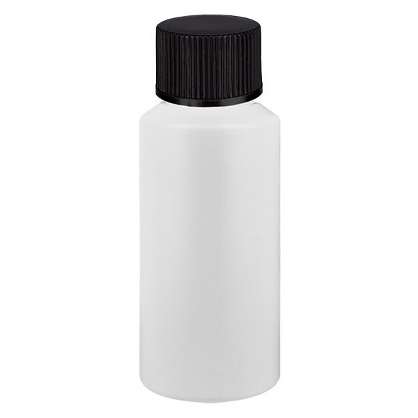 Butelka apteczna HDPE 30ml biała, z czarnym SV Butelka apteczna HDPE 30ml biała, z czarnym SV