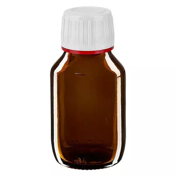 Butelka na lek 50 ml brązowa, zakrętka biała z czerwonym pierścieniem ApoGlas umożliwiającym manipulację. Farmaceutyczna jakość produkcji UE. Gwint 28 mm (PP28). (syrop, butelka z lekkiego szkła) Butelka na lek 50 ml brązowa, zakrętka biała z czerwonym pierścieniem ApoGlas umożliwiającym manipulację. Farmaceutyczna jakość produkcji UE. Gwint 28 mm (PP28). (syrop, butelka z lekkiego szkła)
