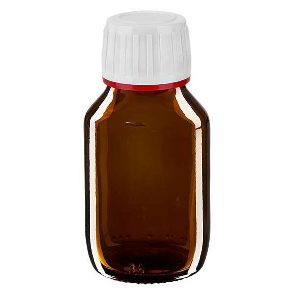 Butelka na lek 50 ml brązowa, zakrętka biała z czerwonym pierścieniem ApoGlas umożliwiającym manipulację. Farmaceutyczna jakość produkcji UE. Gwint 28 mm (PP28). (syrop, butelka z lekkiego szkła) Butelka na lek 50 ml brązowa, zakrętka biała z czerwonym pierścieniem ApoGlas umożliwiającym manipulację. Farmaceutyczna jakość produkcji UE. Gwint 28 mm (PP28). (syrop, butelka z lekkiego szkła)