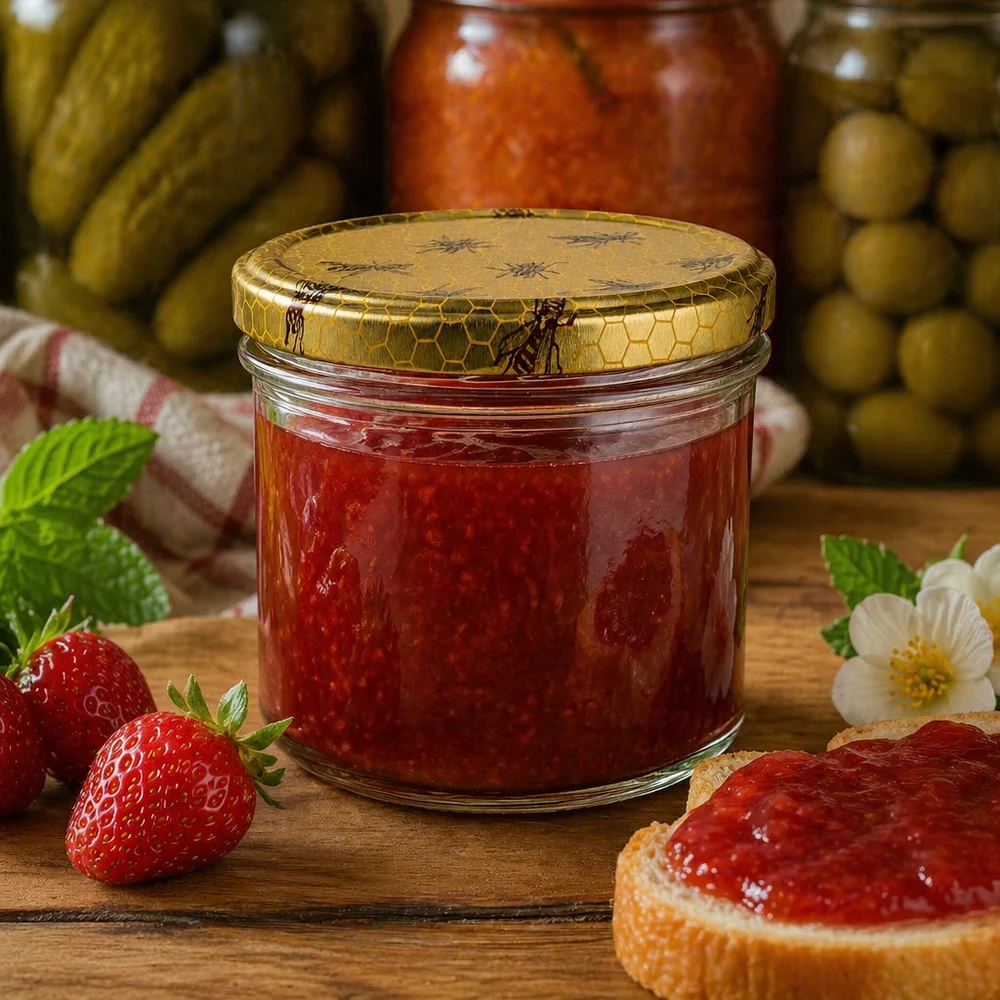 250g Honigglas mit Bienenwabe Deckel BasicSeal UNiTWIST Słoik miodu o strukturze plastra miodu 250 g wypełniony dżemem obok świeżych truskawek i chleba na drewnianym stole