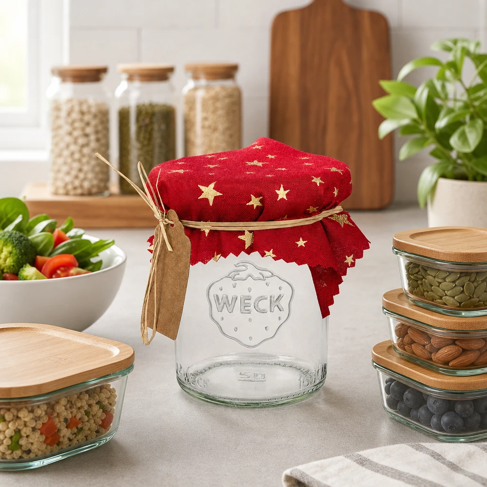 Serwetka z czerwoną gwiazdą 12 cm na pustym szklanym stole kuchennym WECK ze słoikami do przechowywania i świeżymi warzywami Ambience
