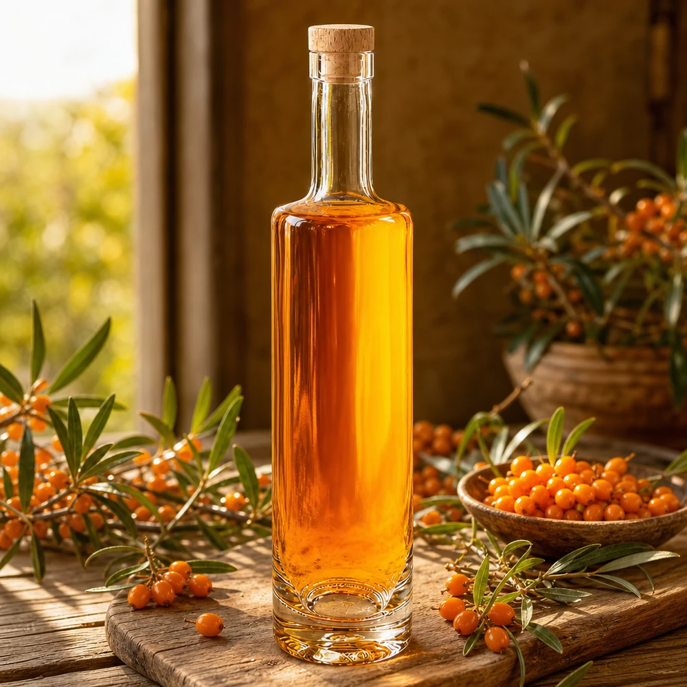 500ml Glasflasche Lina mit Holzkorken gefüllt mit Sanddornöl zwischen Sanddornbeeren warmes Sonnenlicht Ambiente