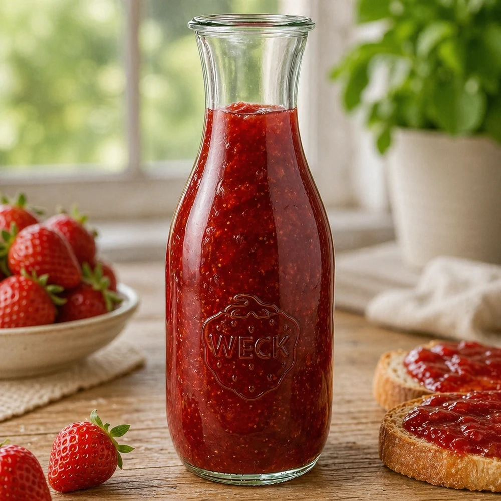 Butelka na sok WECK RR60 o pojemności 1062 ml Butelka soku WECK 1062ml RR60 wypełniona domowym dżemem truskawkowym obok kromek chleba i świeżych jagód