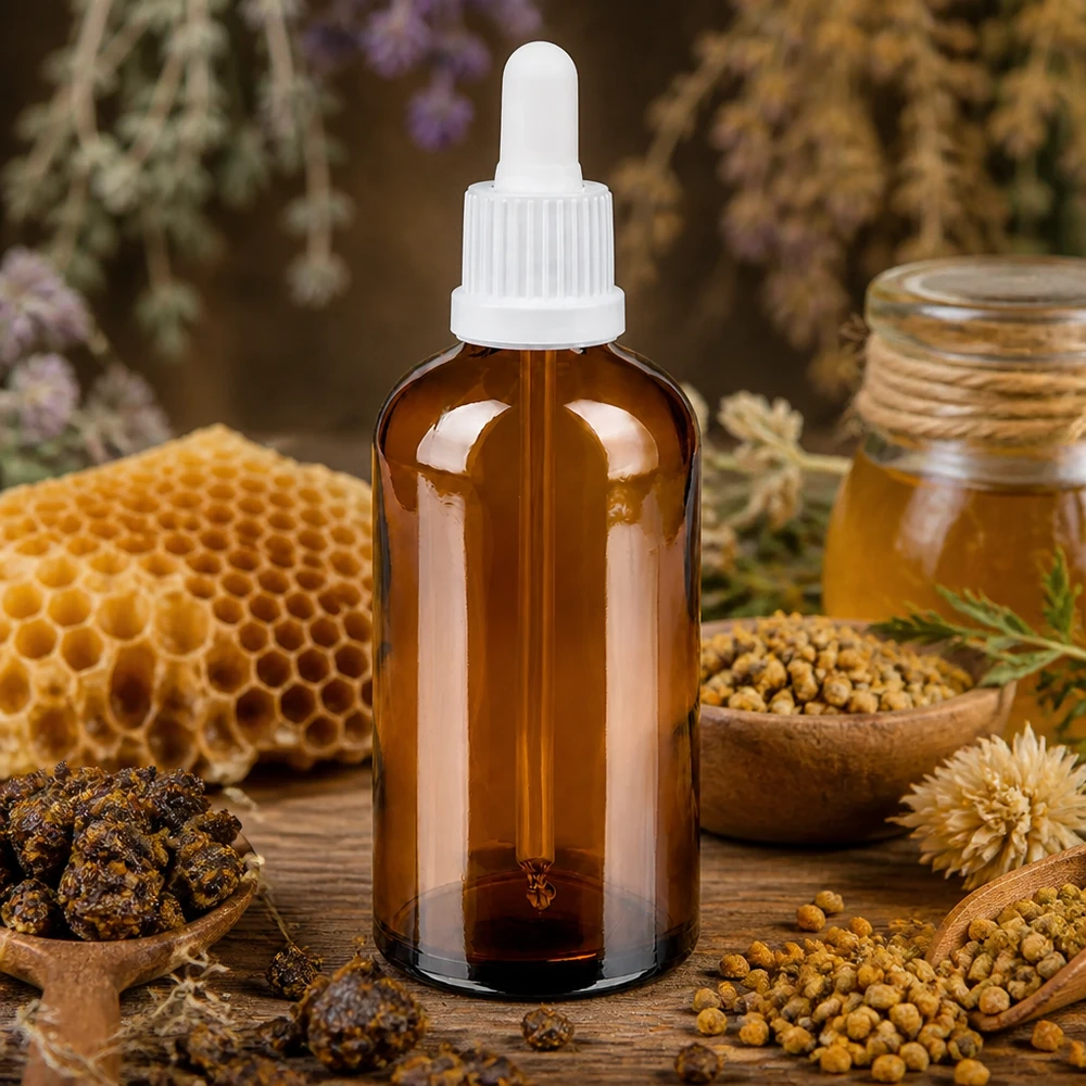 Butelka do leków płynnych 100 ml biała OV BrownLine UT18/100 Butelka aptekarska 100 ml z pipetą z bursztynowego szkła do naturalnych leków i ekstraktów